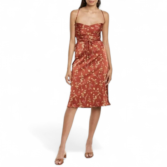 Danielle Bernstein Y2K Lace Up Back Floral Midi Lightweight Dress Sz M Redwood - Picture 1 of 16